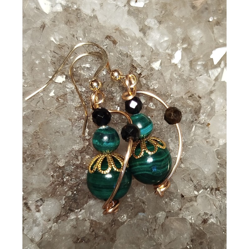 Boucle d'oreille malachite et tourmaline noir