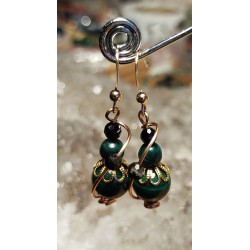 Boucle d'oreille malachite et tourmaline noir