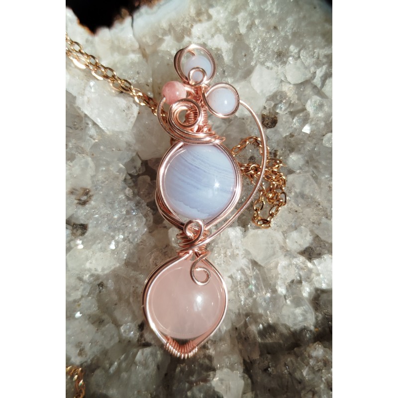 Pendentif double calcédoine bleue et quartz rose